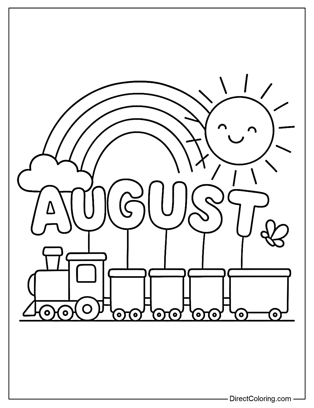 A coloring page of a train with 6 cars, each car has a letter in the word 